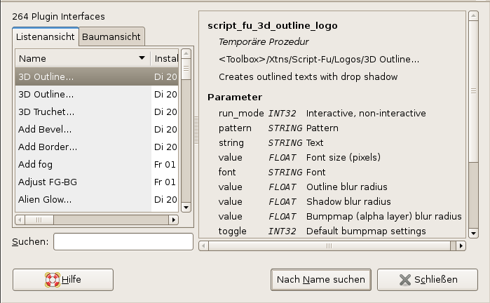 Das Dialogfenster Plugin-Browser (Listenansicht)